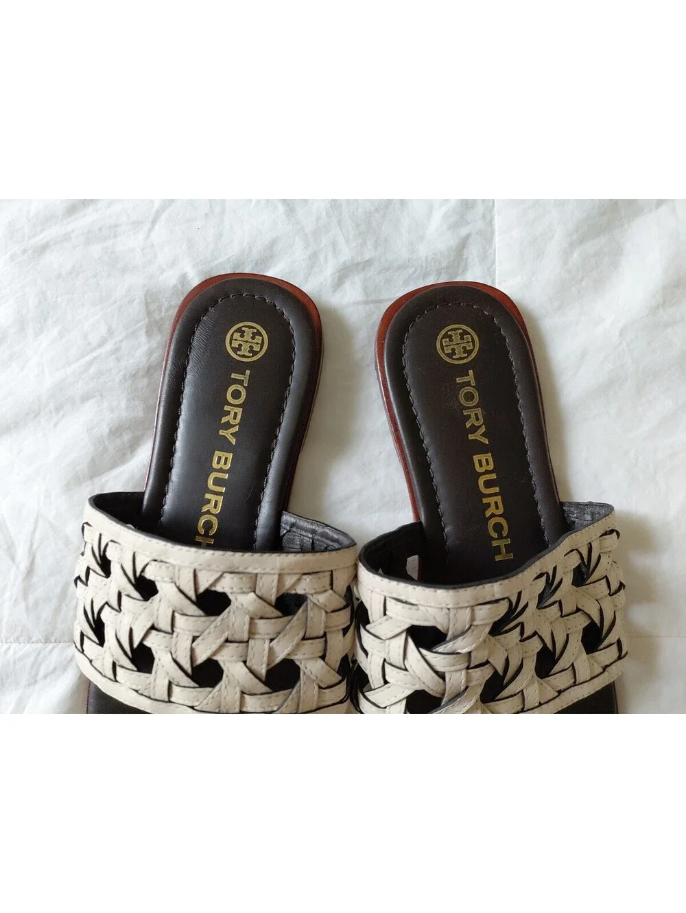 Tory Burch Cream and Brown Woven Thong Slides Size 8.5 EUC #753